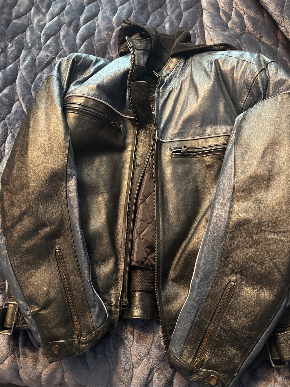 Men's Black/Blue Leather Hooded Zip Jacket